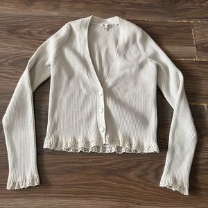 For Love & Lemons Ivory Ribbed V-Neck Cardigan with Lace Trim
